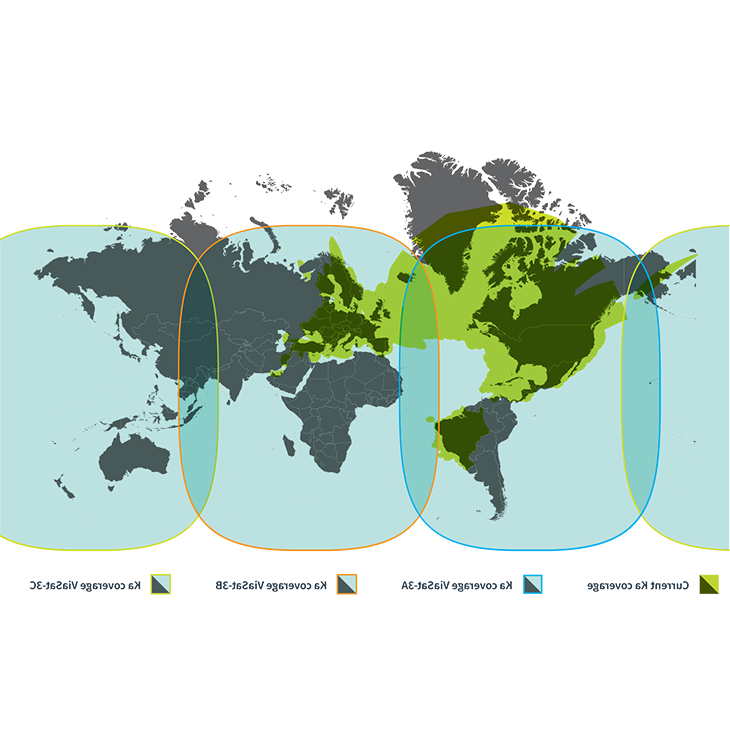 展示Viasat当前和未来Ku和Ka覆盖范围的平面世界地图, 覆盖范围大致，可能会有变化